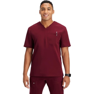 Fabletics Men’s Helix 1-Pocket Scrub Top – MotionTech, Wrinkle-Resist, Chest Pocket, Anti-Shrink, Semi-Slim Fit(Wine)