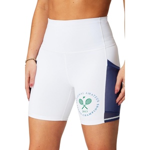 Fabletics Women’s On-The-Go PowerHold® Ultra HW 6” Short, Maximum Compression, Flattering(Classic White/Collegiate Navy/Tennis Graphic)
